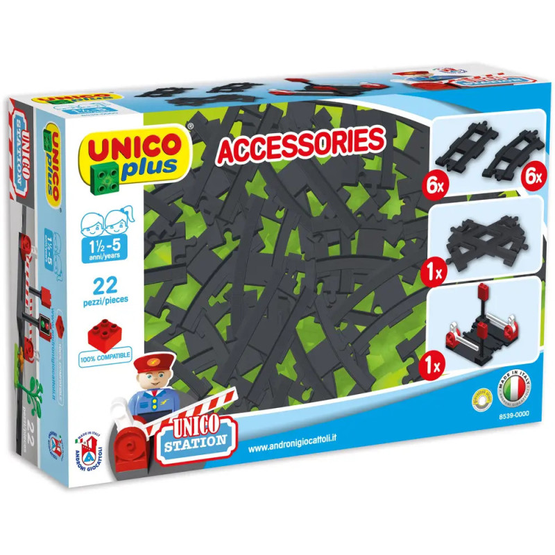 UNICO Plus Zubehörbox mit 22 Schienen für Kinder von 1,5-5 Jahren, abgebildet sind Gleise und ein Schild.