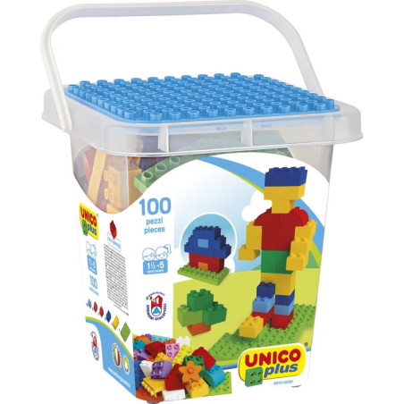 Eimer mit 100 UNICO Plus Bausteinen, auf dem Etikett sind bunte Blockkreationen abgebildet.