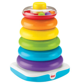 Stapelturm mit fünf bunten Ringen in Regenbogenfarben auf weißem Sockel.