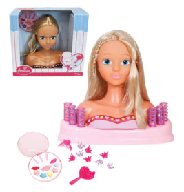 Styling-Puppenkopf mit blonden Haaren, Zubehör wie Kamm und Schminke; Verpackung im Hintergrund sichtbar.