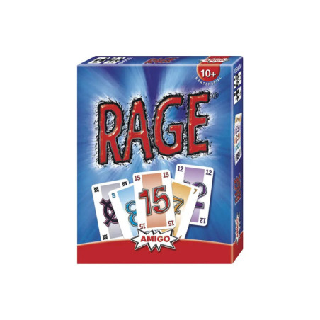 RAGE Kartenspiel-Box mit bunten Spielkarten und dem Logo auf blauem Hintergrund.