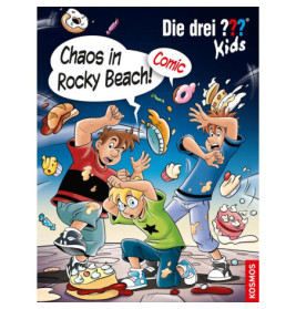 Drei Comic-Kinder weichen erstaunt fliegendem Essen aus. Text: Chaos in Rocky Beach! Comic.