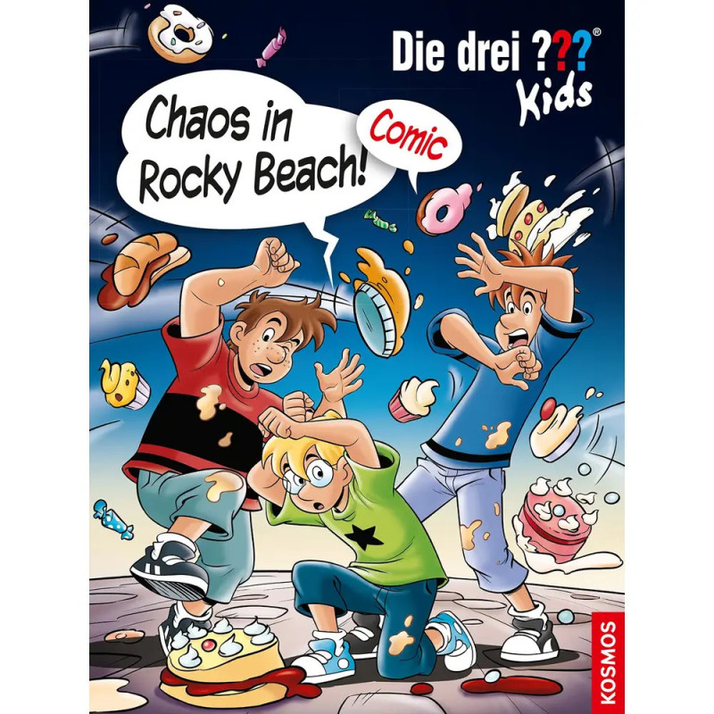 Drei Comic-Kinder weichen erstaunt fliegendem Essen aus. Text: Chaos in Rocky Beach! Comic. Drei Comic-Kinder weichen erstaunt fliegendem Essen aus. Text: Chaos in Rocky Beach! Comic.