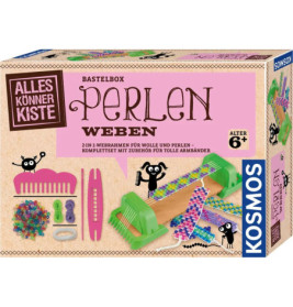 Kosmos-Perlenwebset mit Werkzeug, bunten Perlen und fertigen Armbändern, geeignet ab 6 Jahren.