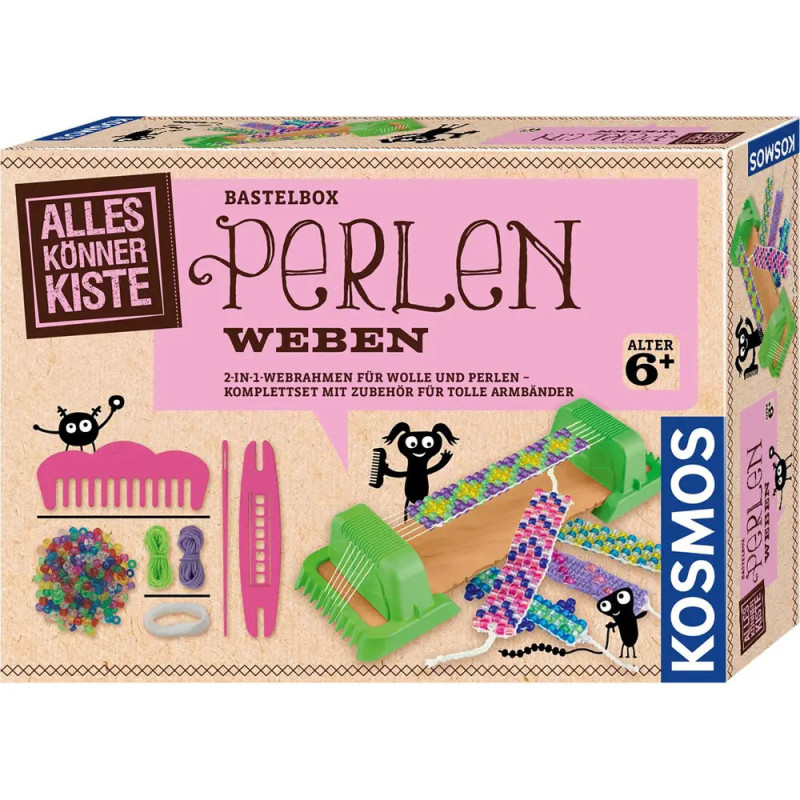 Kosmos-Perlenwebset mit Werkzeug, bunten Perlen und fertigen Armbändern, geeignet ab 6 Jahren.
