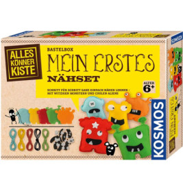 Bunte Nähbox mit Filz-Monsterfiguren, Garn und Zubehör, geeignet für Kinder ab 6 Jahren.