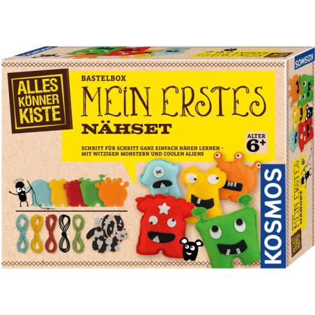 Bunte Nähbox mit Filz-Monsterfiguren, Garn und Zubehör, geeignet für Kinder ab 6 Jahren.