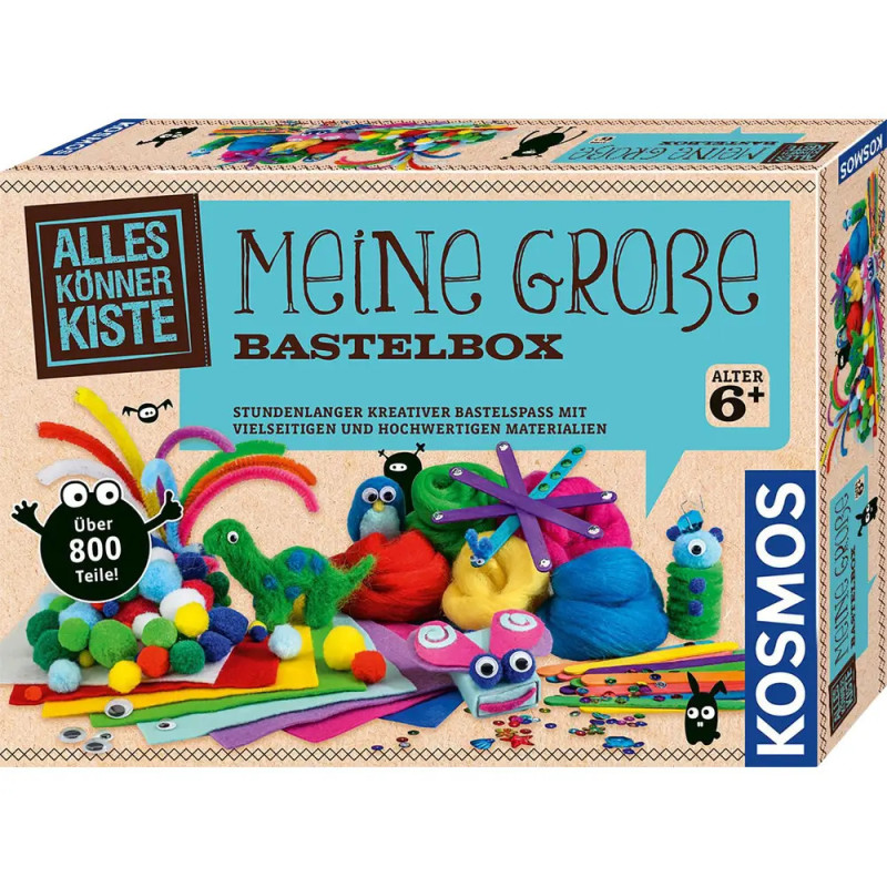 Kosmos Meine große Bastelbox Bastelset ab 6 Jahren, auf der Box sind bunte Bastelmaterialien abgebildet.