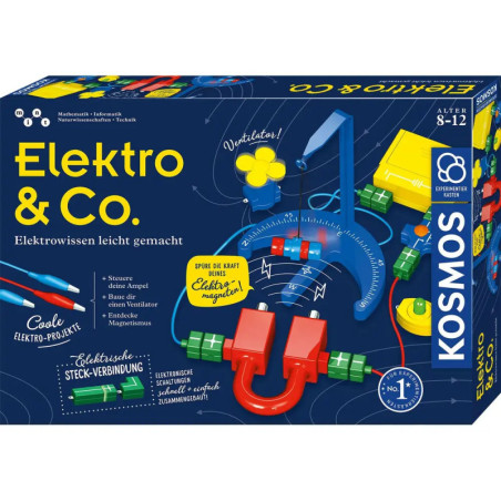 Kosmos Elektro & Co. Experimentierkasten mit bunten Elektrobauteilen und deutscher Beschriftung auf der Verpackung. Kosmos Elektro & Co. Experimentierkasten mit bunten Elektrobauteilen und deutscher Beschriftung auf der Verpackung.