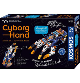 Kosmos Cyborg Hand Bausatz: Schachtel mit großem Modell einer mechanischen Hand in Blau, Orange und Weiß.