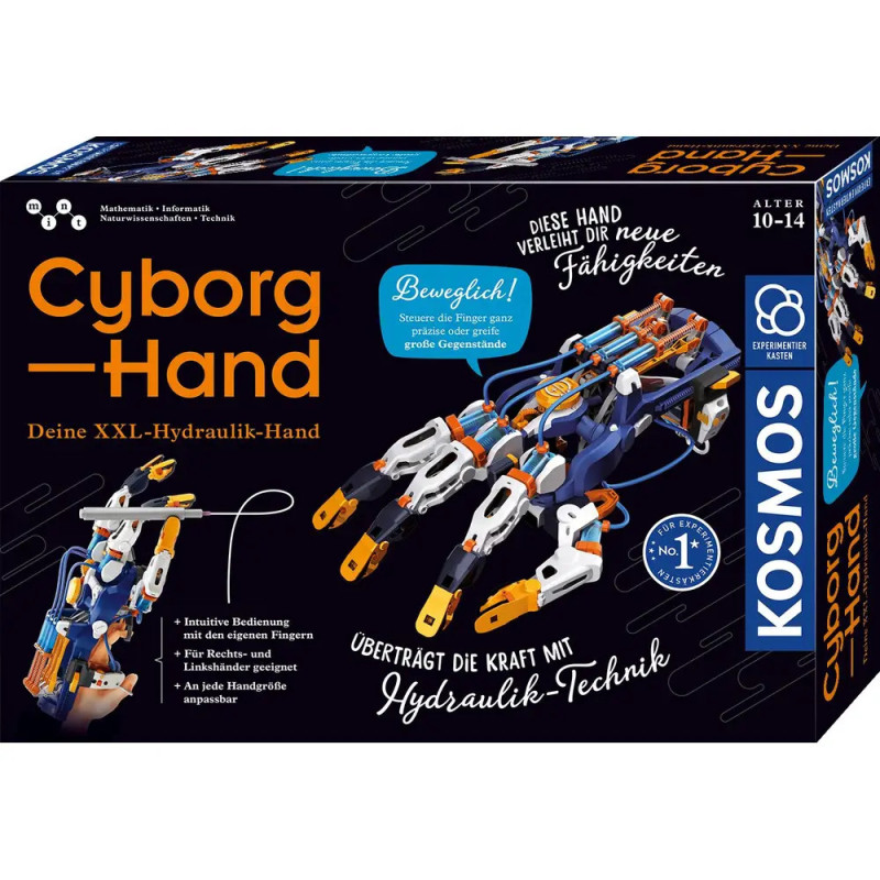 Kosmos Cyborg Hand Bausatz: Schachtel mit großem Modell einer mechanischen Hand in Blau, Orange und Weiß. Kosmos Cyborg Hand Bausatz: Schachtel mit großem Modell einer mechanischen Hand in Blau, Orange und Weiß.