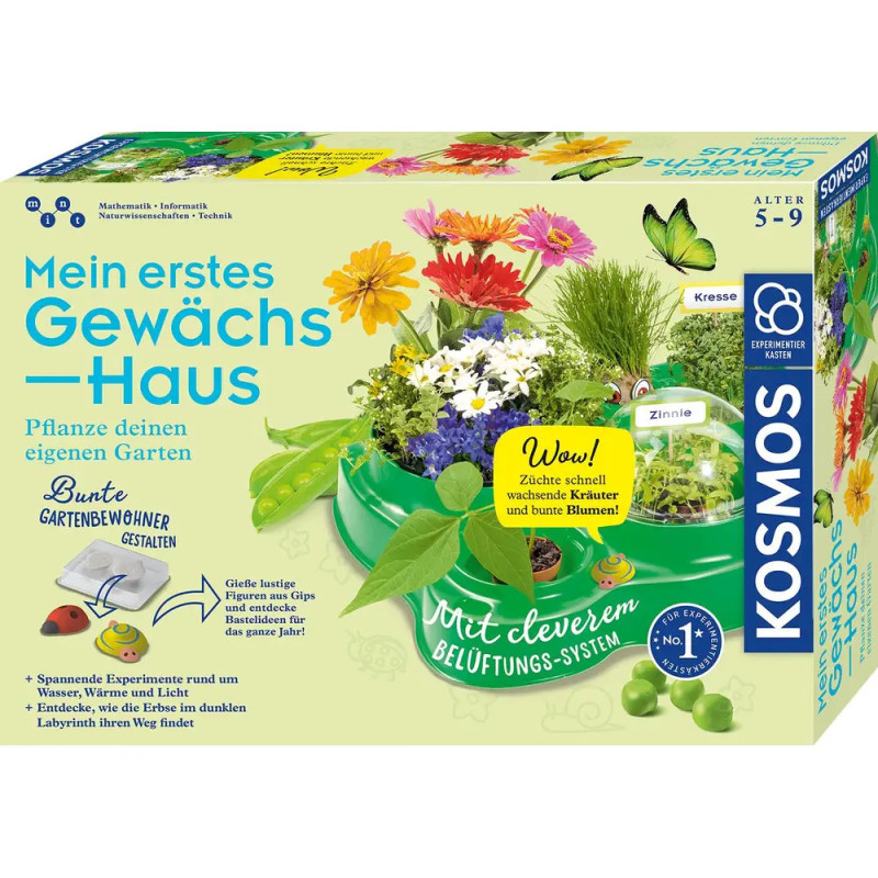 Bunte Gewächshaus-Box für Kinder mit Blumen, Pflanzen und Gartenzubehör, empfohlen für 5- bis 9-Jährige.