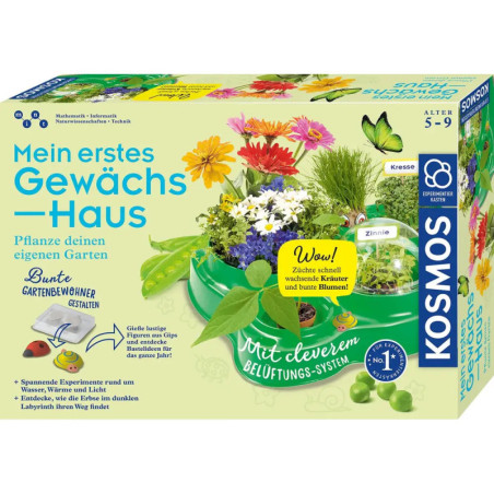 Bunte Gewächshaus-Box für Kinder mit Blumen, Pflanzen und Gartenzubehör, empfohlen für 5- bis 9-Jährige.