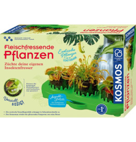 Schachtel eines fleischfressenden Pflanzenzuchtsets mit Bildern verschiedener Karnivoren und deutschem Text.