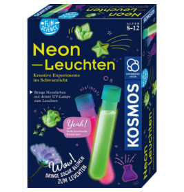 Neon-Leuchten Experimentierkasten mit leuchtenden grün-pinken Reagenzgläsern, geeignet für Kinder von 8-12 Jahren.
