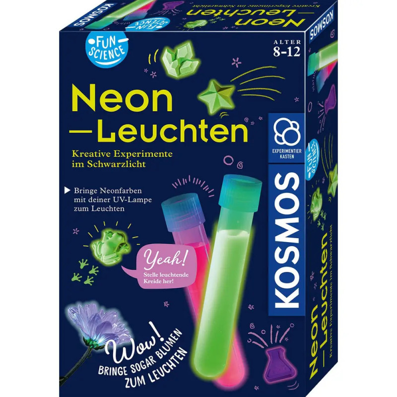 Neon-Leuchten Experimentierkasten mit leuchtenden grün-pinken Reagenzgläsern, geeignet für Kinder von 8-12 Jahren.
