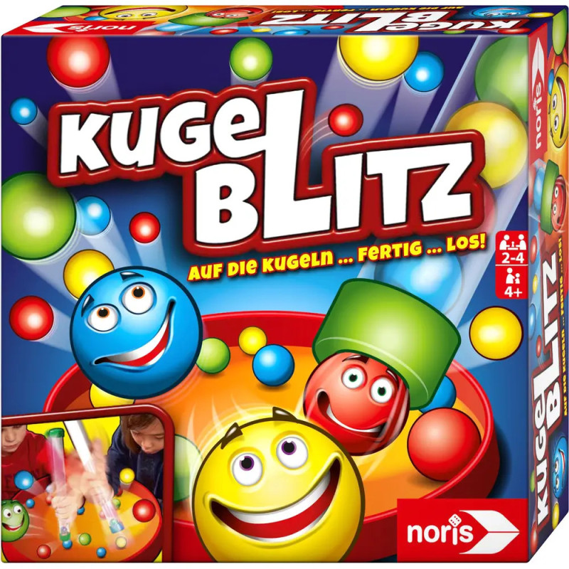 Bunte Kugel Blitz Spielebox mit lachenden Kugeln und rotem Titel. Für 2-4 Spieler, ab 4 Jahren. Bunte Kugel Blitz Spielebox mit lachenden Kugeln und rotem Titel. Für 2-4 Spieler, ab 4 Jahren.