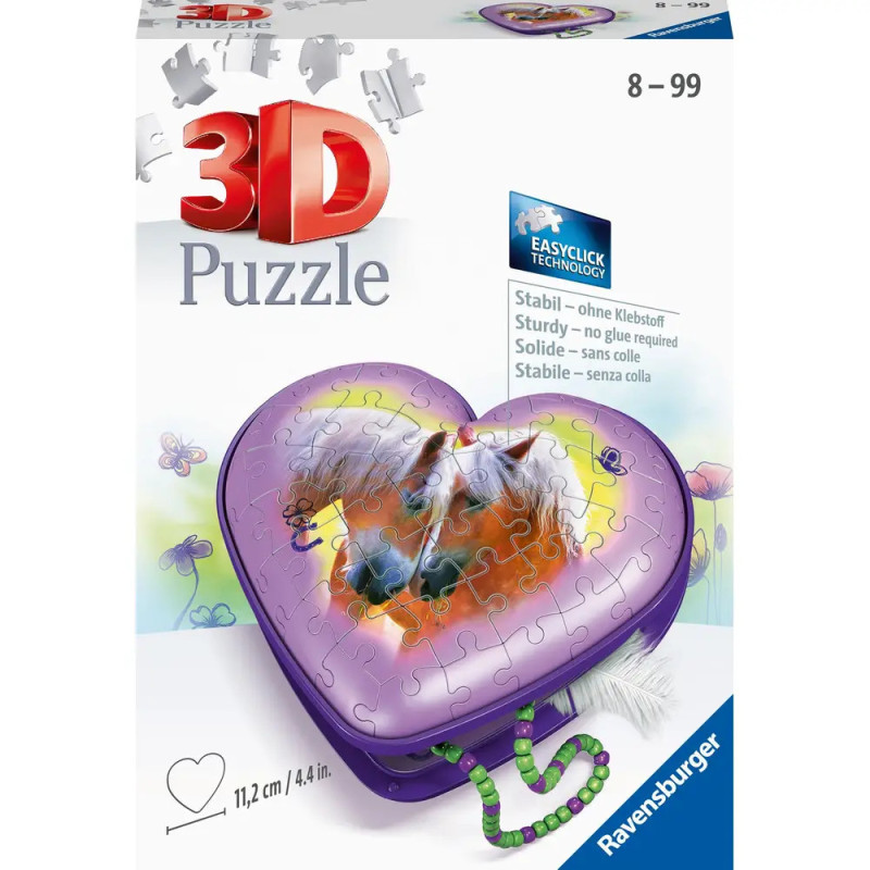 Herzförmige 3D-Puzzlebox mit Bild von zwei weißen Pferden für Kinder und Erwachsene (8-99 Jahre) von Ravensburger.
