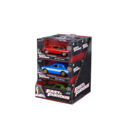 Box mit zwei Fast & Furious Spielzeugautos, rot und blau, in originaler Markenverpackung.