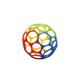 Bunter, hohler Kunststoffball mit runden Aussparungen in Grün, Gelb, Rot und Blau.