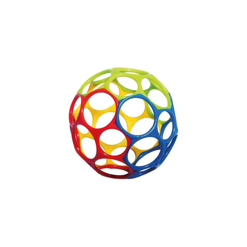 Bunter, hohler Kunststoffball mit runden Aussparungen in Grün, Gelb, Rot und Blau.