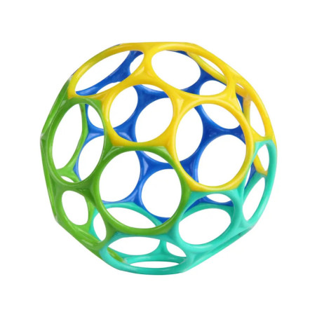 Bunte, hohle geometrische Kugel mit blauen, gelben und grünen, verbundenen, kreisförmigen Öffnungen.