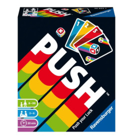 PUSH Kartenspiel-Box mit Regenbogenstreifen, Spielkarten sowie Symbolen für Alter, Spielerzahl und Spieldauer.