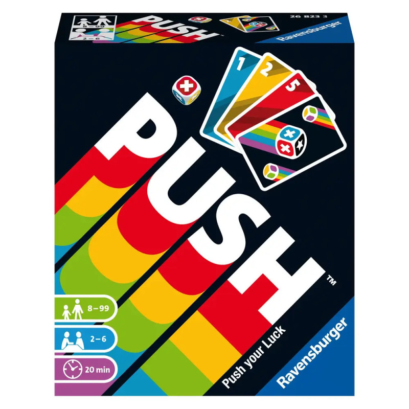 PUSH Kartenspiel-Box mit Regenbogenstreifen, Spielkarten sowie Symbolen für Alter, Spielerzahl und Spieldauer. PUSH Kartenspiel-Box mit Regenbogenstreifen, Spielkarten sowie Symbolen für Alter, Spielerzahl und Spieldauer.