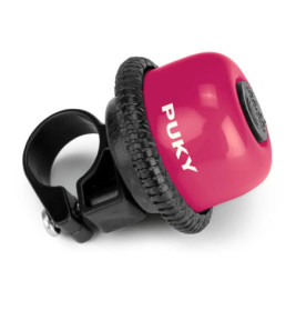 Pinkfarbene Fahrradklingel mit schwarzer Halterung, seitlich weißer PUKY-Schriftzug.