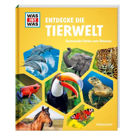 Deutsches Tierlexikon mit Fotos verschiedener Tiere auf gelbem Buchcover. Deutsches Tierlexikon mit Fotos verschiedener Tiere auf gelbem Buchcover.