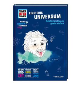 Buchcover mit Comic-Einstein, Formeln und deutschem Text zu Relativität, Raum und Schwarzen Löchern.