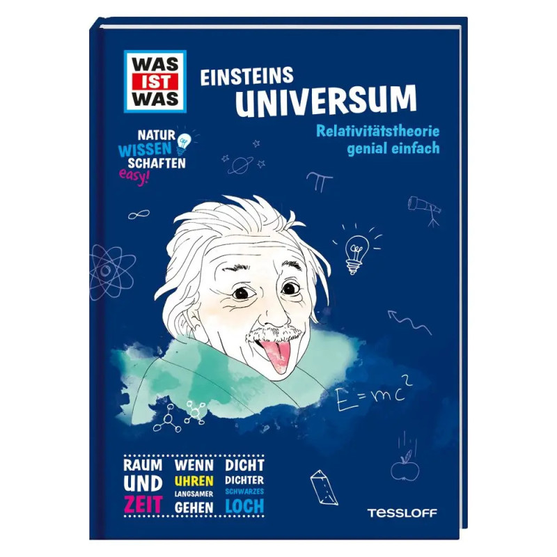 Buchcover mit Comic-Einstein, Formeln und deutschem Text zu Relativität, Raum und Schwarzen Löchern. Buchcover mit Comic-Einstein, Formeln und deutschem Text zu Relativität, Raum und Schwarzen Löchern.