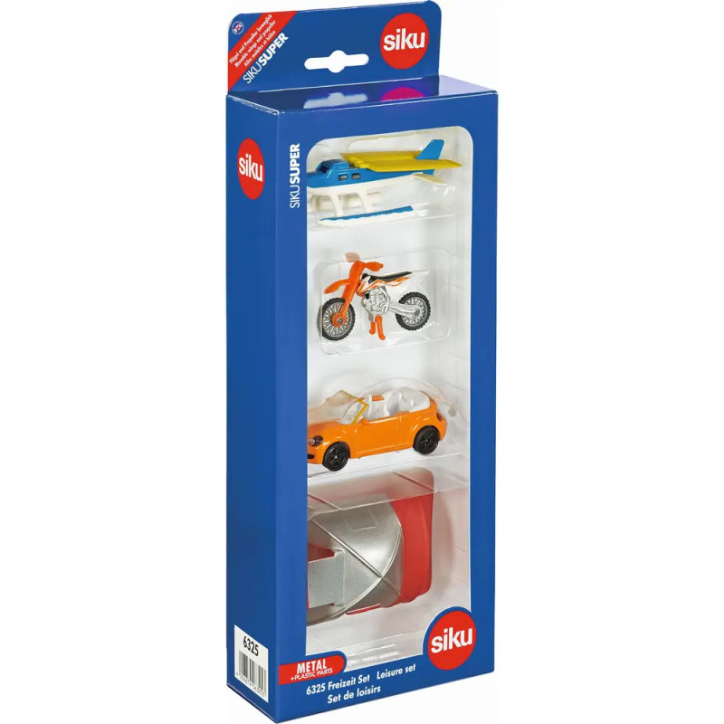 Spielset in blauer Verpackung mit Sichtfenster zeigt Hubschrauber, Motorrad, Auto und Boot.
