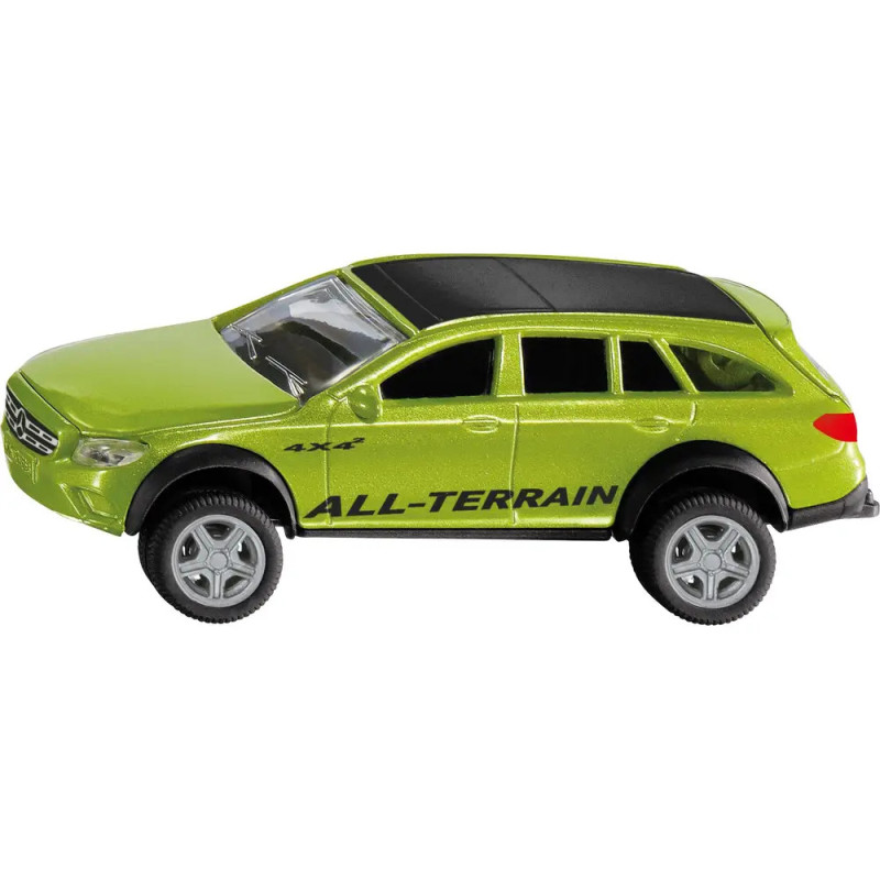 Grünes Spielzeug-SUV mit der Aufschrift ALL-TERRAIN und 4x4 an der Seite, seitlich abgebildet. Grünes Spielzeug-SUV mit der Aufschrift ALL-TERRAIN und 4x4 an der Seite, seitlich abgebildet.