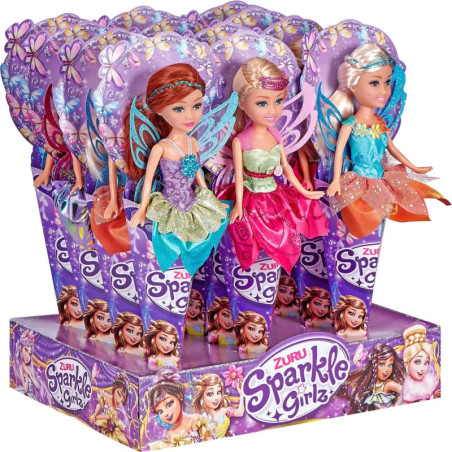 Zuru Sparkle Girlz Feenpuppen im bunten, kegelförmigen Karton mit Flügeln und Kleidern im Display.