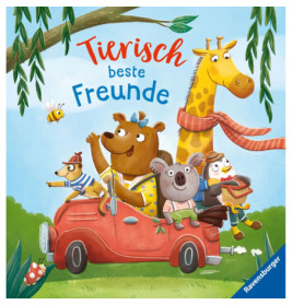 Cartoon-Tiere (Bär, Koala, Giraffe, Hund, Maus) im roten Auto mit Schriftzug Tierisch beste Freunde darüber.