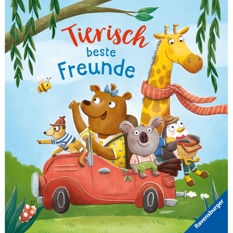 Cartoon-Tiere (Bär, Koala, Giraffe, Hund, Maus) im roten Auto mit Schriftzug Tierisch beste Freunde darüber.