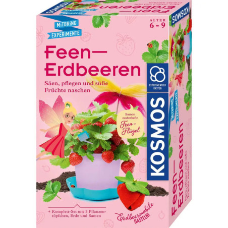 Rosa Box mit Fee, Erdbeerpflanze und Aufschrift: Erdbeer-Anzuchtset für Kinder von 6 bis 9 Jahren. Rosa Box mit Fee, Erdbeerpflanze und Aufschrift: Erdbeer-Anzuchtset für Kinder von 6 bis 9 Jahren.