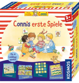 Vier Kinder spielen gemeinsam auf einer bunten Connis erste Spiele-Box für Kinder ab 3 Jahren.