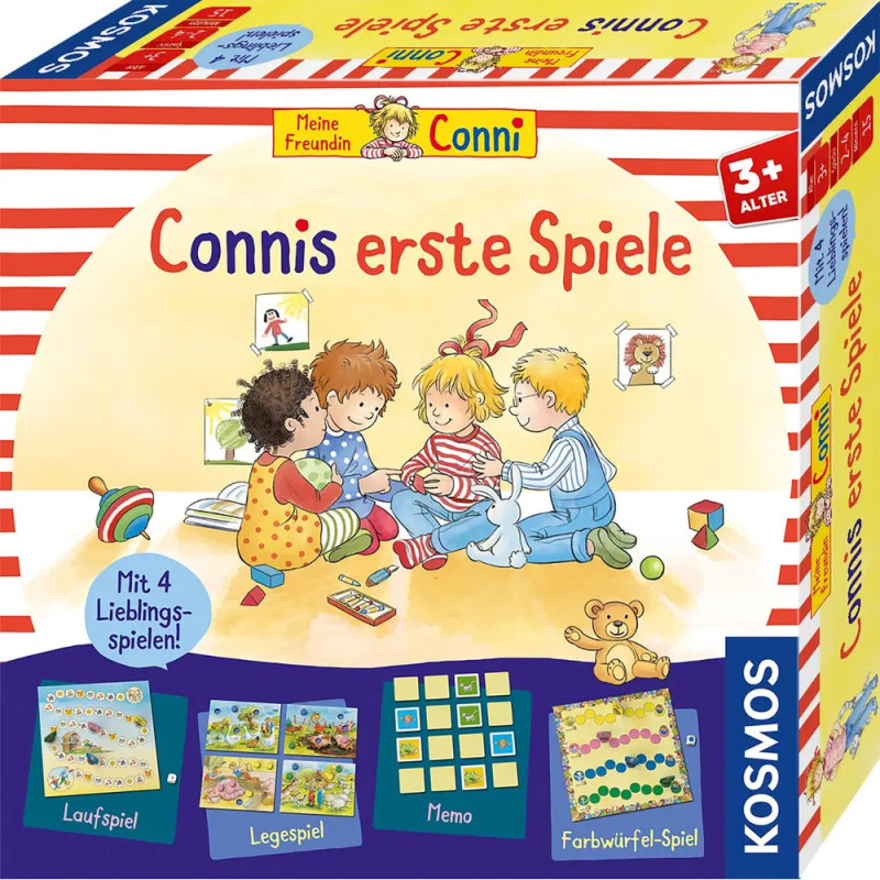 Vier Kinder spielen gemeinsam auf einer bunten Connis erste Spiele-Box für Kinder ab 3 Jahren. Vier Kinder spielen gemeinsam auf einer bunten Connis erste Spiele-Box für Kinder ab 3 Jahren.