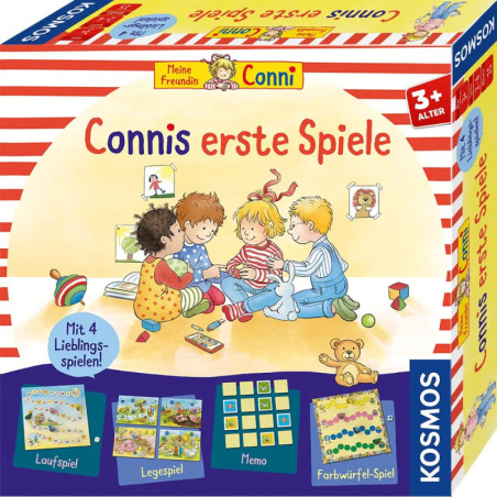 Vier Kinder spielen gemeinsam auf einer bunten Connis erste Spiele-Box für Kinder ab 3 Jahren. Vier Kinder spielen gemeinsam auf einer bunten Connis erste Spiele-Box für Kinder ab 3 Jahren.