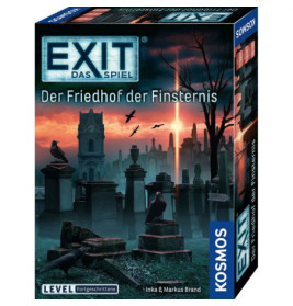 Boxcover von EXIT: Der Friedhof der Finsternis mit einem düsteren Friedhof bei Sonnenuntergang, Krähen und Statuen.