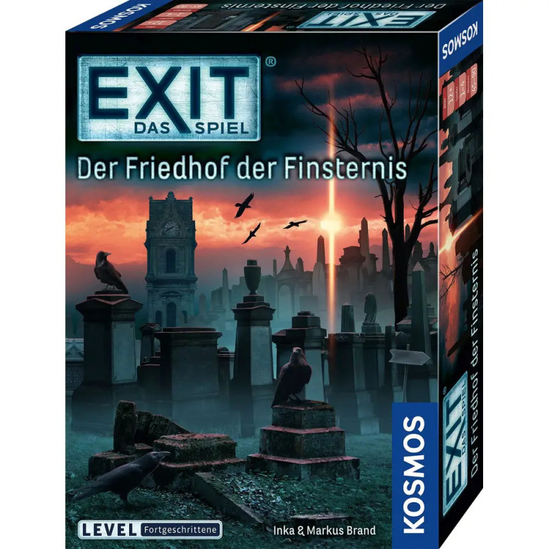 Boxcover von EXIT: Der Friedhof der Finsternis mit einem düsteren Friedhof bei Sonnenuntergang, Krähen und Statuen.