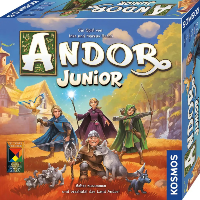 Vier junge Abenteurer und Tiere stehen auf der Andor Junior-Box vor einer Burg bereit.