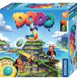 Bunte Dodo-Spielbox mit einem Dodo-Vogel auf einer Klippe und zwei Kindern beim Brückenbau.