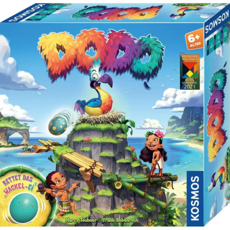 Bunte Dodo-Spielbox mit einem Dodo-Vogel auf einer Klippe und zwei Kindern beim Brückenbau.