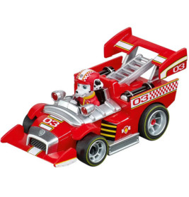 Rotes Spielzeug-Rennauto mit Dalmatinerwelpe im Helm, Nummer 03 und Karomuster.