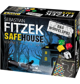 Sebastian Fitzek Safehouse: Brettspielbox mit dunklem Haus, fliehender Figur und bunten Würfeln auf dem Cover.