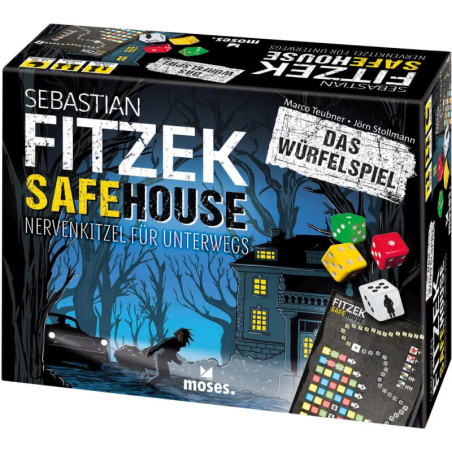 Sebastian Fitzek Safehouse: Brettspielbox mit dunklem Haus, fliehender Figur und bunten Würfeln auf dem Cover.