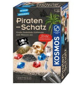 Piratenschatz-Ausgrabungsset mit Edelsteinen, Münzen, Totenkopf und Werkzeugen für Kinder von 7-10 Jahren.
